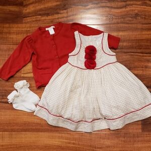 Janie & Jack EUC 12-18 months ivory/tan/red polka dot dress, red cardigan, socks
